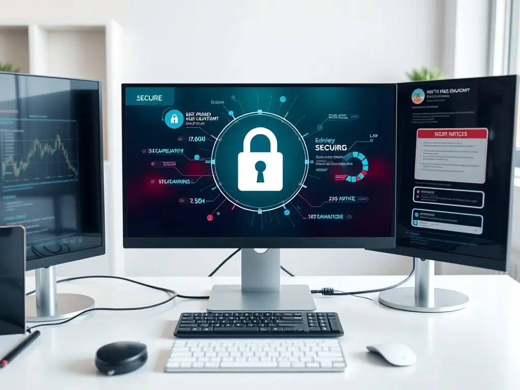 A professional workspace featuring a desktop computer displaying a secure login screen with a digital certificate icon, symbolizing the ease of access and security provided by A1 certificates.